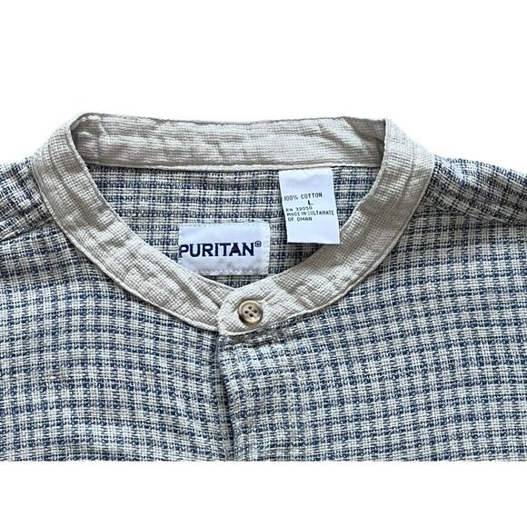 Vtg Puritan Mens L Button Down Shirt Y2K Band Collar Gingham Plaid Short Sleeve - Picture 2 of 5